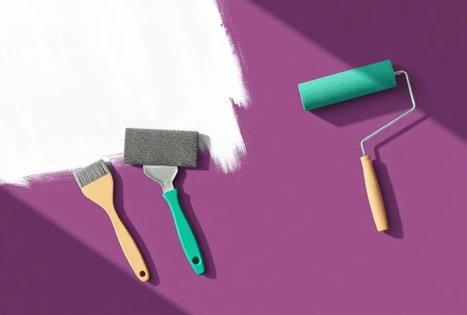 Outils de peinture disposés dans l'ordre des étapes du chantier