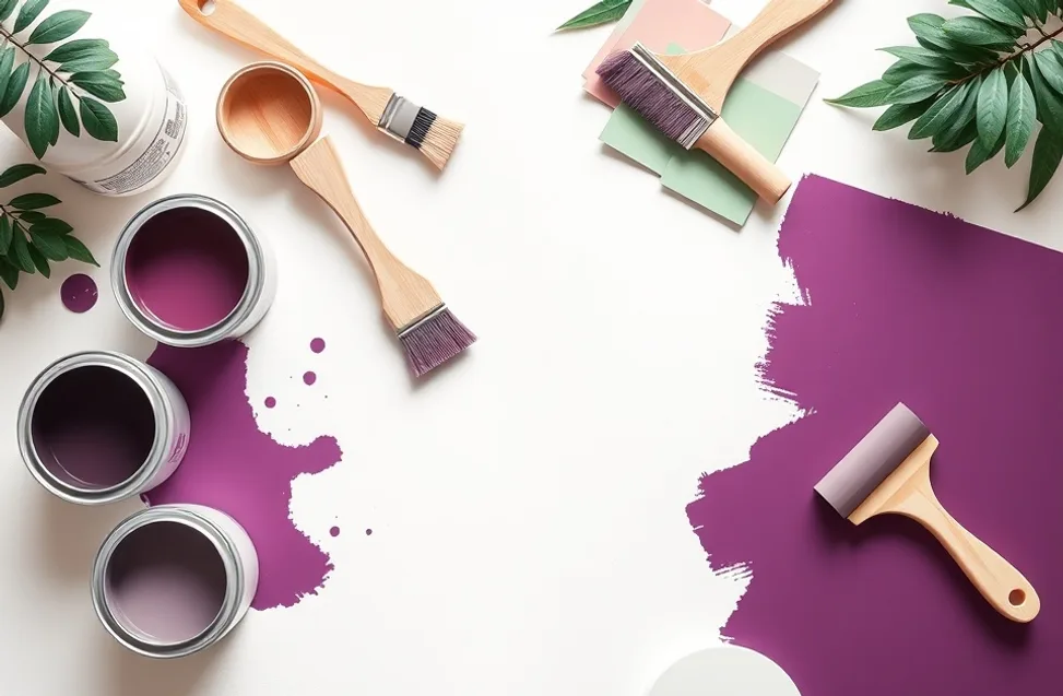 Pots de peinture, nuancier, brosses et rouleaux disposés à plat
