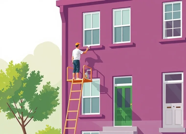Peintre sur échafaudage traitant la façade d'une maison
